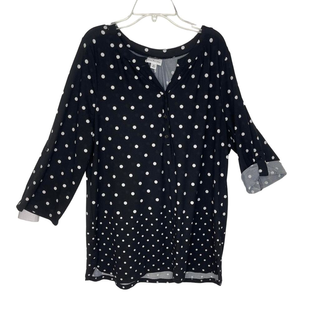 Kim Rogers tunic blouse shirt women's medium black Swiss dot white soft light